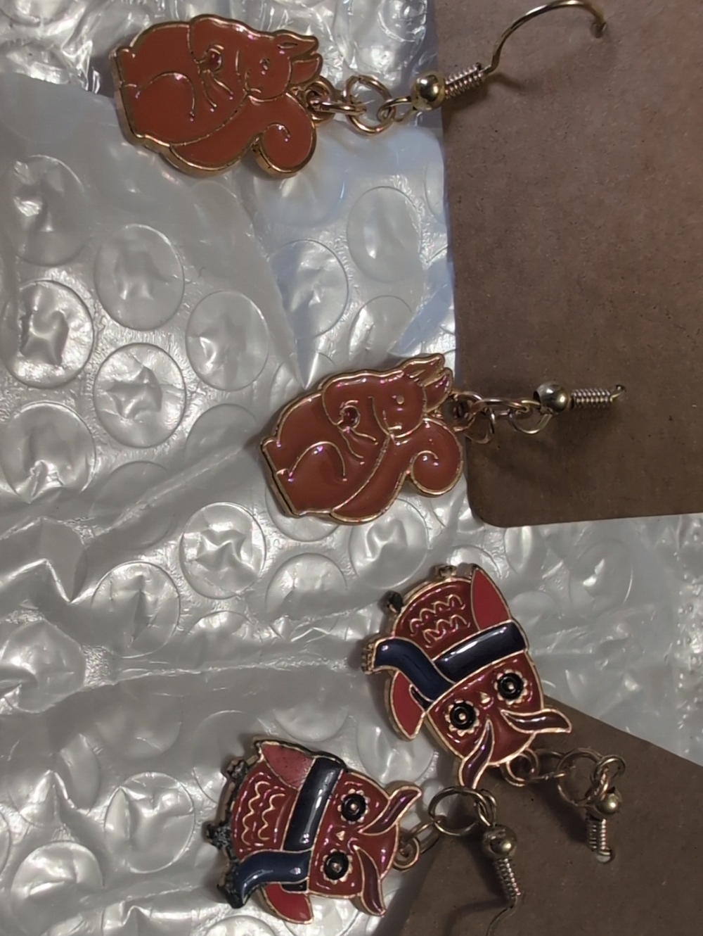 Handcrafted Elephant and Owl Dangle Earrings - Coral, Navy